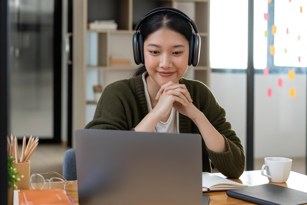 Woman wearing headphones smiling during an online communication skills coaching session