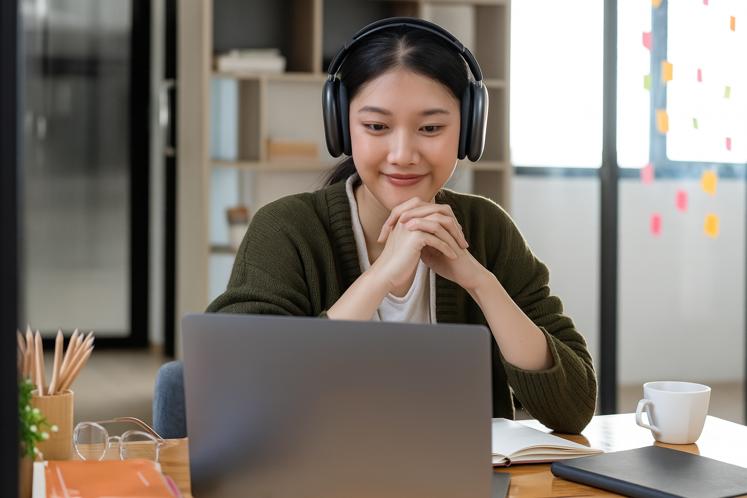 Woman wearing headphones smiling during an online communication skills coaching session