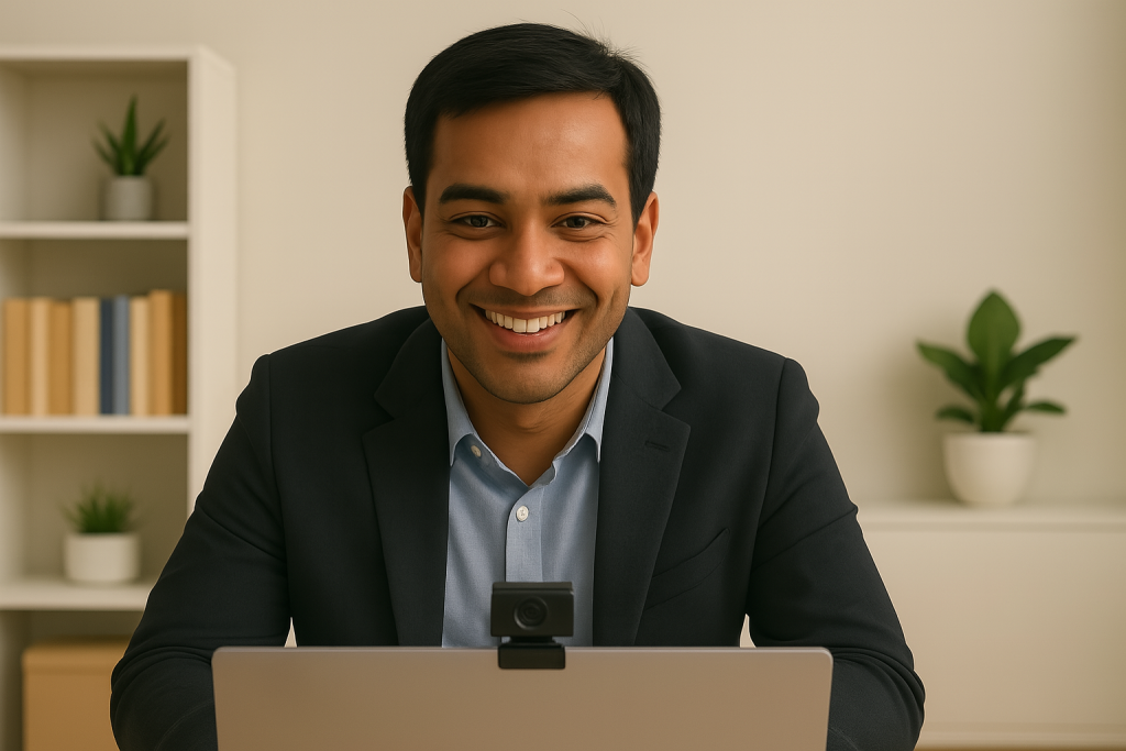 Man in suit smiling during one-on-one online accent and communication coaching session
