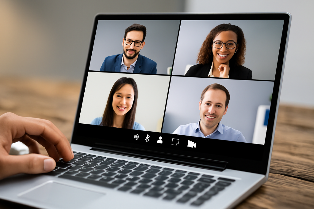 Small group of students in an online American English accent class on Zoom