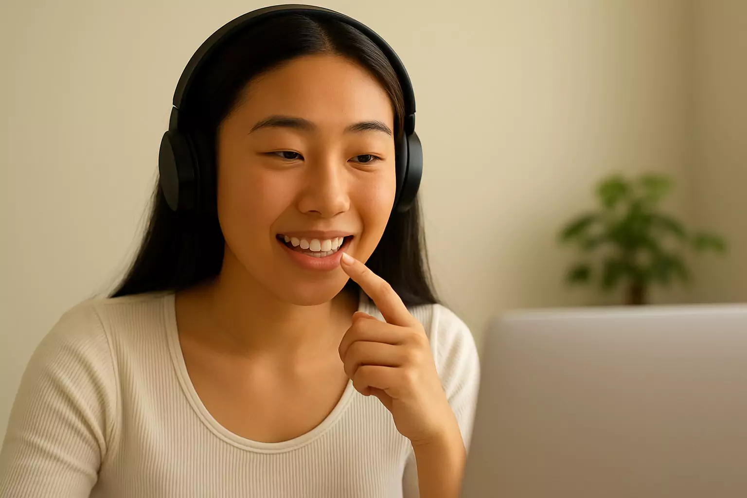 Young woman studying online during American English accent class
