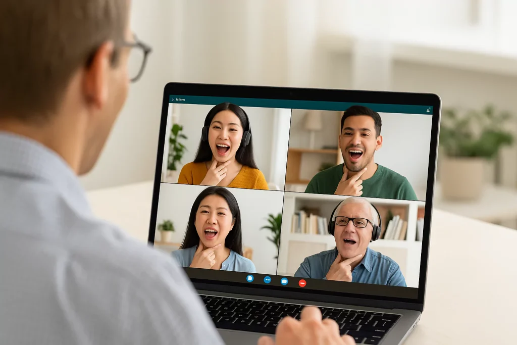 Online pronunciation coaching session with diverse students practicing English sounds