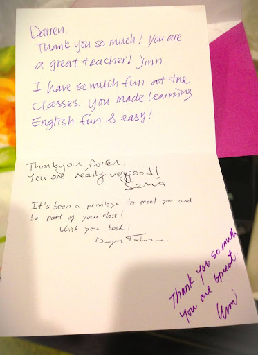 Handwritten thank-you card from students expressing appreciation for Darren’s teaching