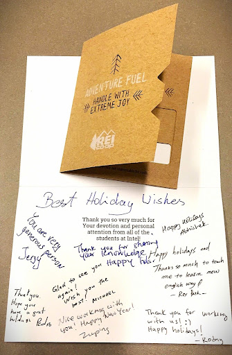 Handwritten holiday card thanking Darren for his support and teaching
