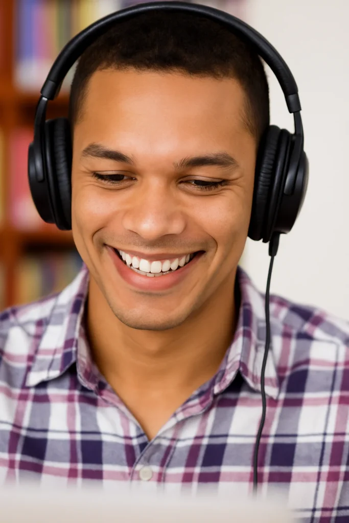 Smiling man wearing headphones during live online coaching session