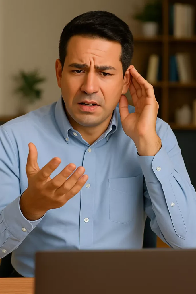 Man struggling to understand during online conversation, representing common challenges in American English pronunciation