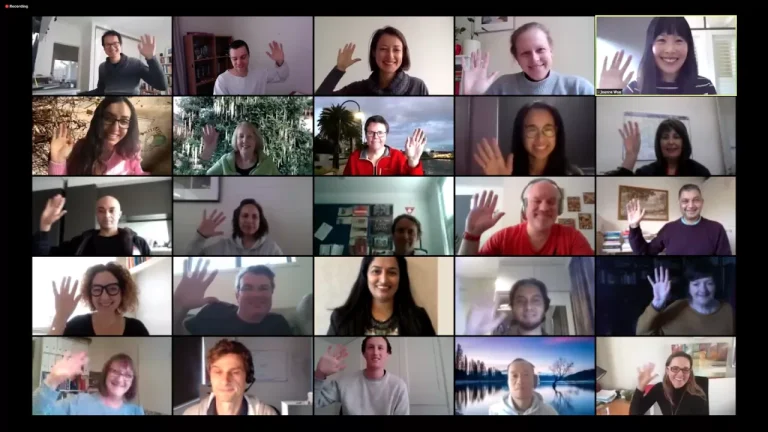 Screenshot of online American English pronunciation Meetup with participants waving