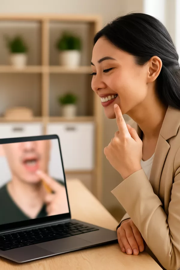 Japanese woman practicing pronunciation during an online Zoom lesson with a speech-language pathologist