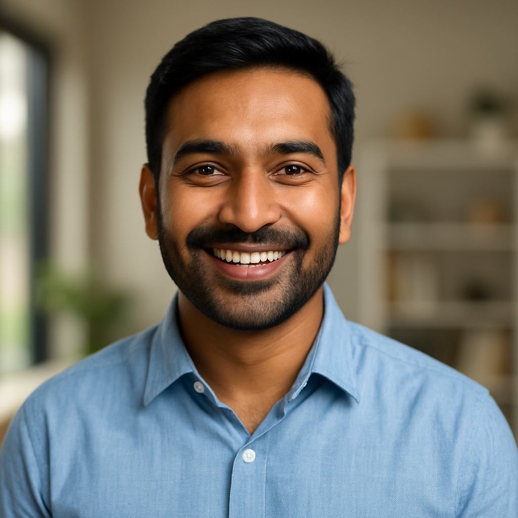 miling Indian man in a business-casual shirt, representing Indian English speakers improving American English pronunciation