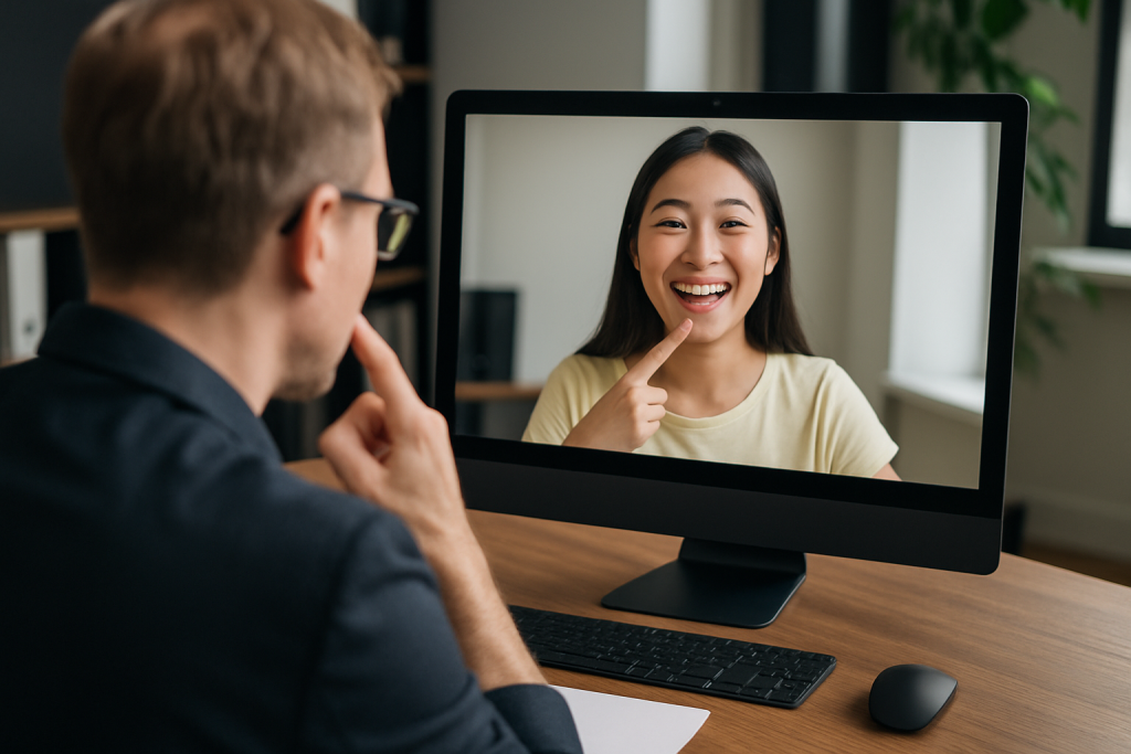Woman practicing English pronunciation on a video call during accent modification training