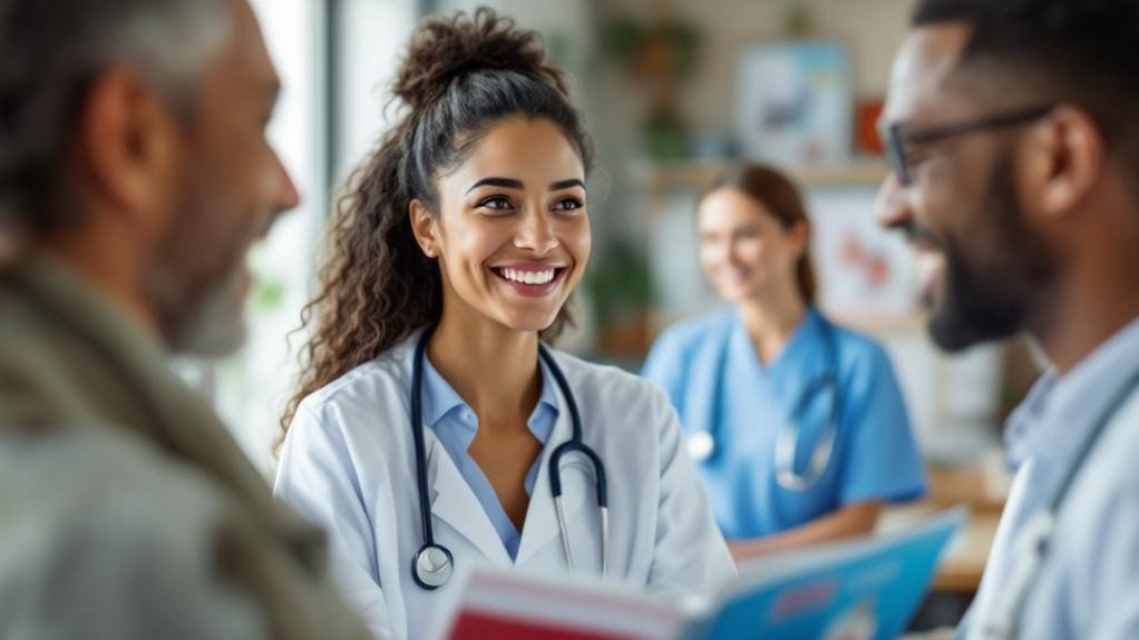 Smiling healthcare professional communicating clearly with patients and colleagues.